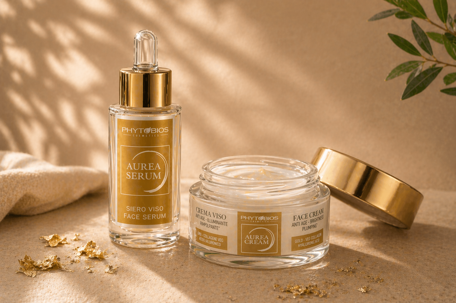Aurea crema e siero viso con oro, acido ialuronico e collagene